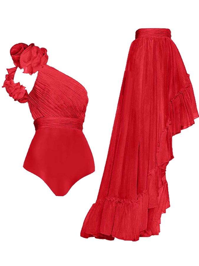 Solid Color One-Shoulder Wood Ear Trim One-Piece Swimsuit