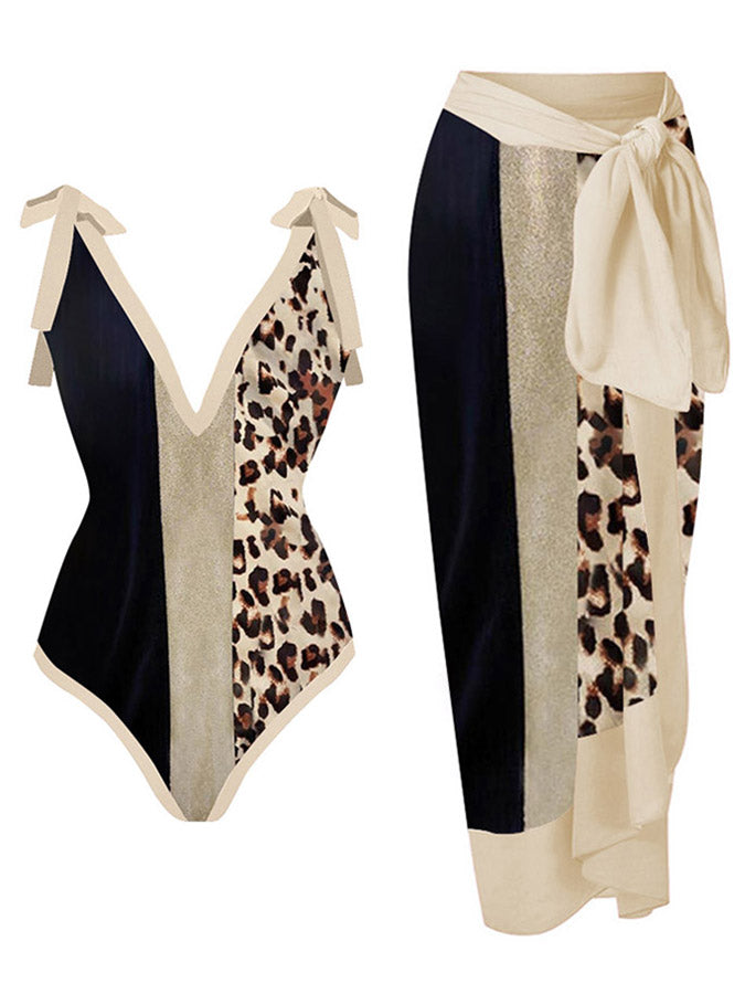 Vintage V-Neck Leopard Colorblock Print One-Piece Swimsuit
