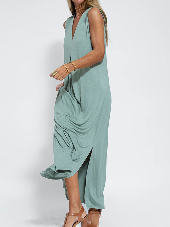Solid V-neck Casual Sleeveless Maxi Dres