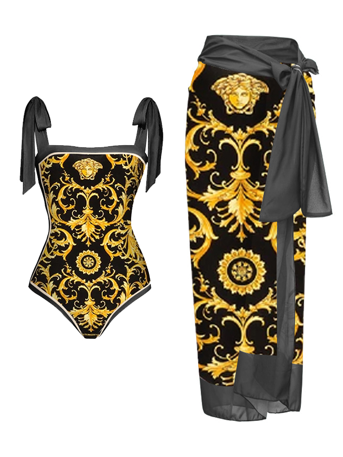 Fashion Print Lace Up One Piece Swimsuit