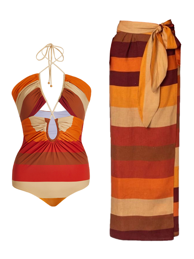Vintage Colorblock Halter Swimsuit and Cover-up