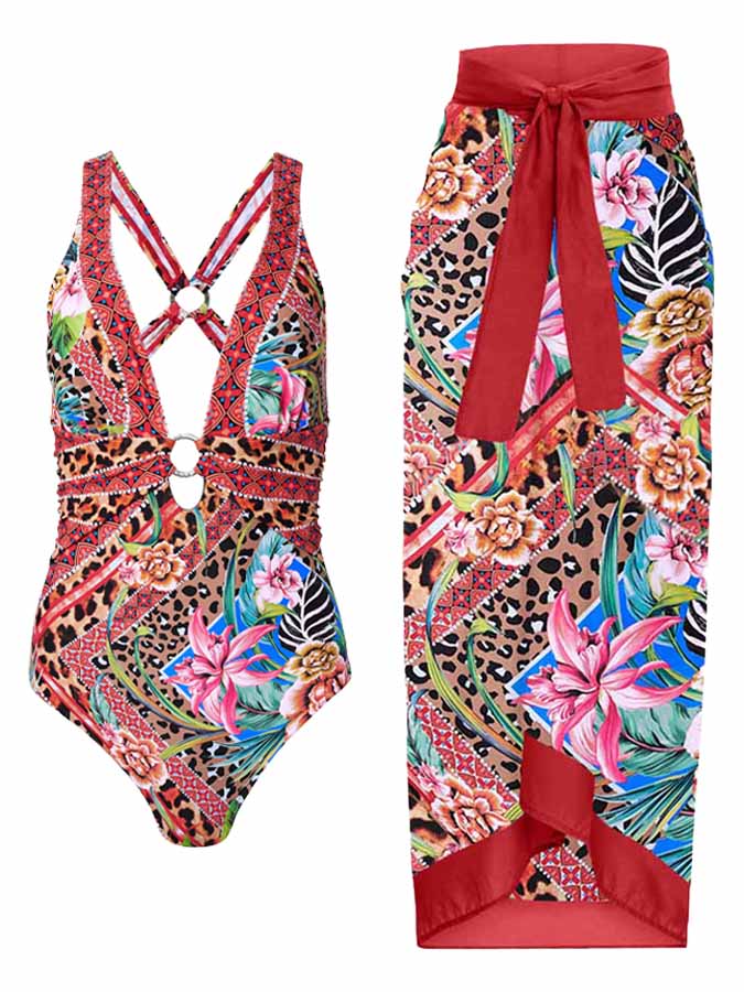 Vintage Colorblock Floral Leopard Print Swimsuit and Cover-up