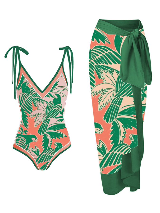 Vintage Flower and Bird Print One-Piece Swimsuit And Cover Up