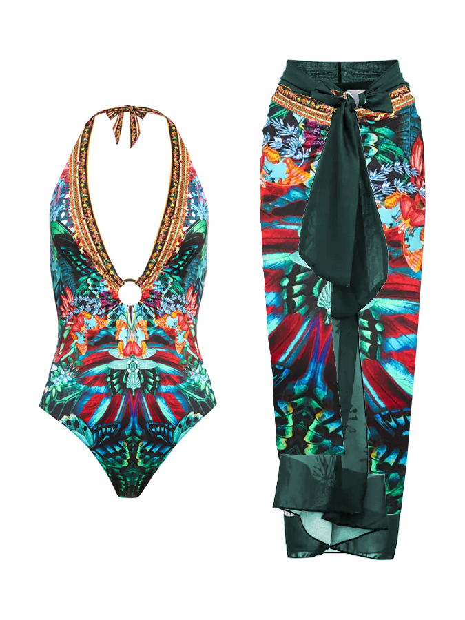 Vintage Butterfly Print Deep V One Piece Swimsuit And Cover up