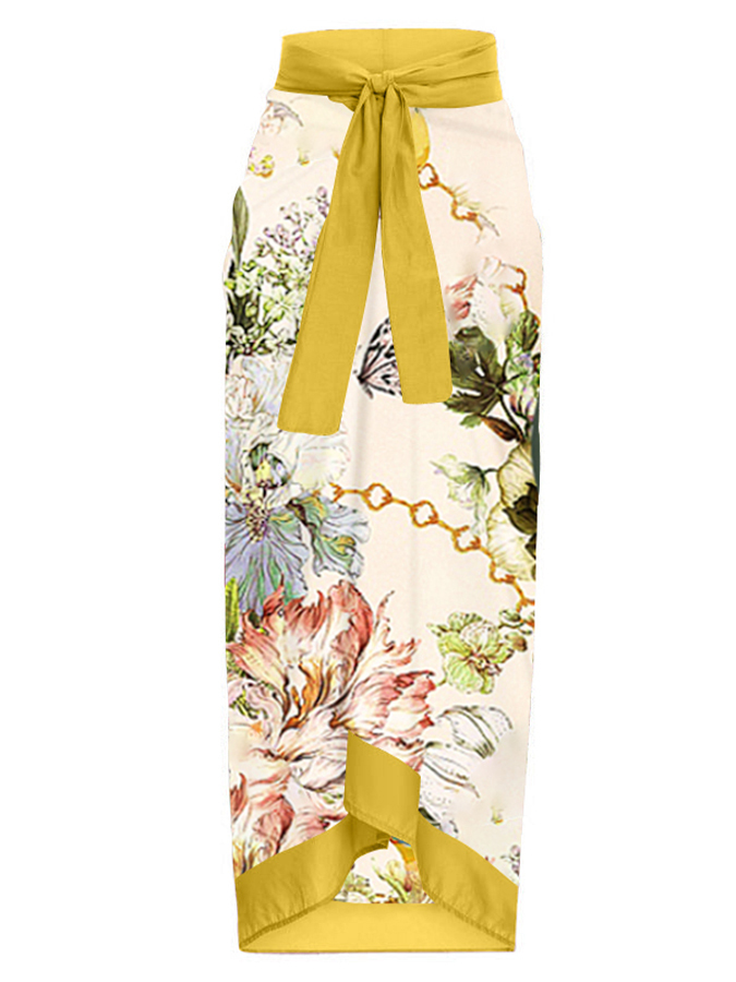 One Shoulder Floral Print One Piece Swimsuit and Skirt