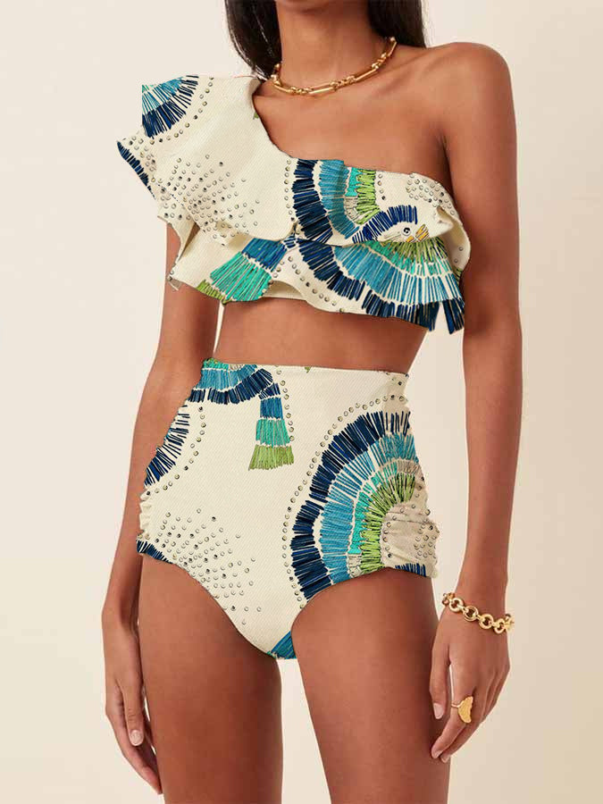 One-Shoulder Embroidered Printed Ruffled Swimsuit
