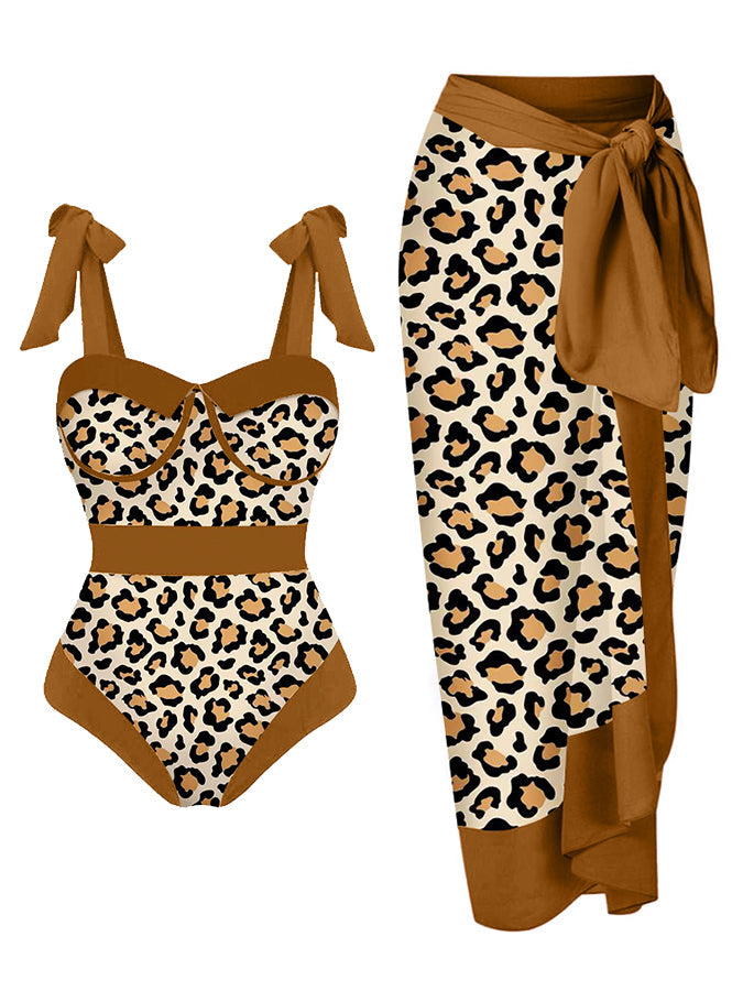 Fashion Leopard Colorblock Print Swimsuit Set