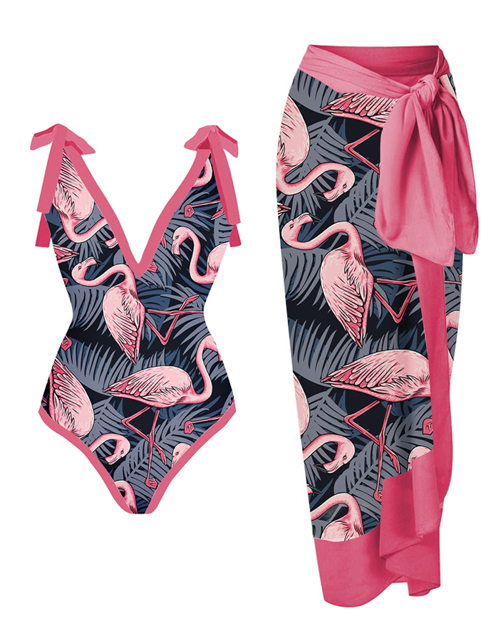 One Piece Fashion Printed Tie Swimwear Suit