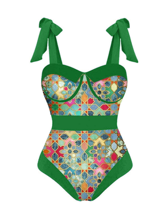 Vintage Colorblock Ethnic Print Swimsuit Set