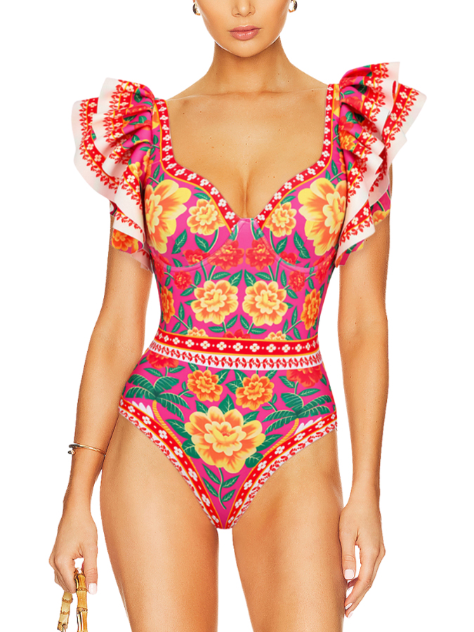 Vintage Ruffled Floral Print Swimsuit