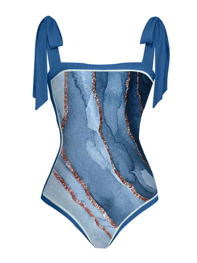 Vintage Fashion Colorblock Print One Piece Swimsuit Set