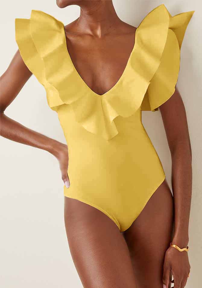 V-Neck Ruffled Solid Color One-Piece Swimsuit