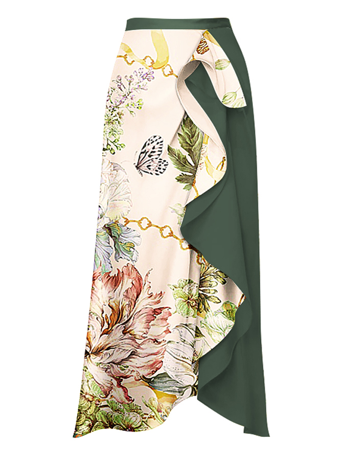 One Shoulder Floral Print One Piece Swimsuit and Skirt