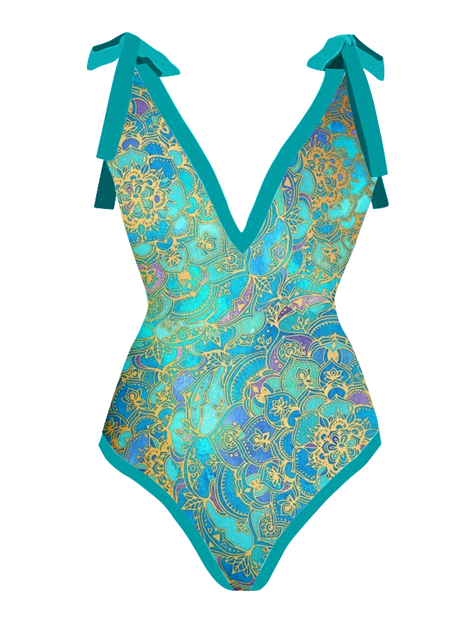 Printed One-piece Vintage V-neck Colorblock Swimsuit