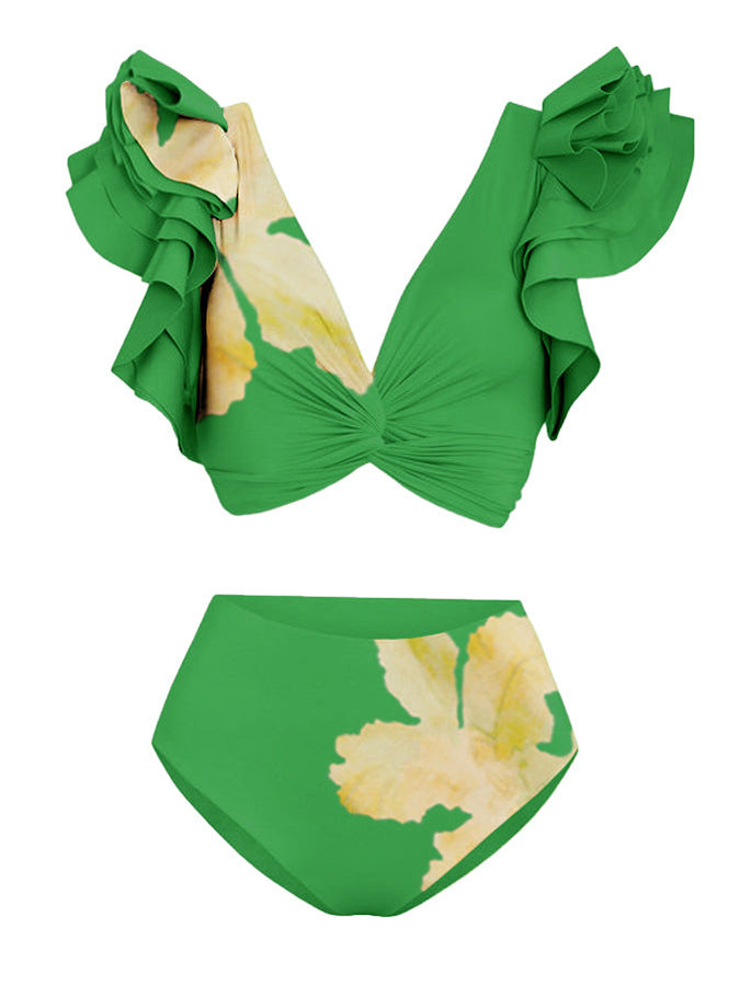 Deep V Ruffled Floral Print Swimsuit Set