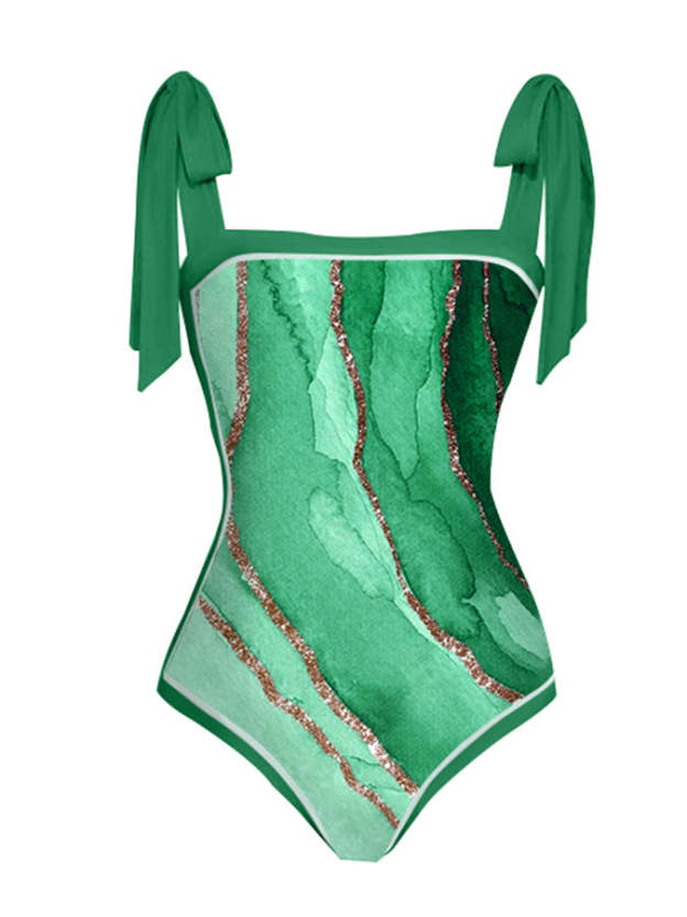 Vintage Fashion Colorblock Print One Piece Swimsuit Set