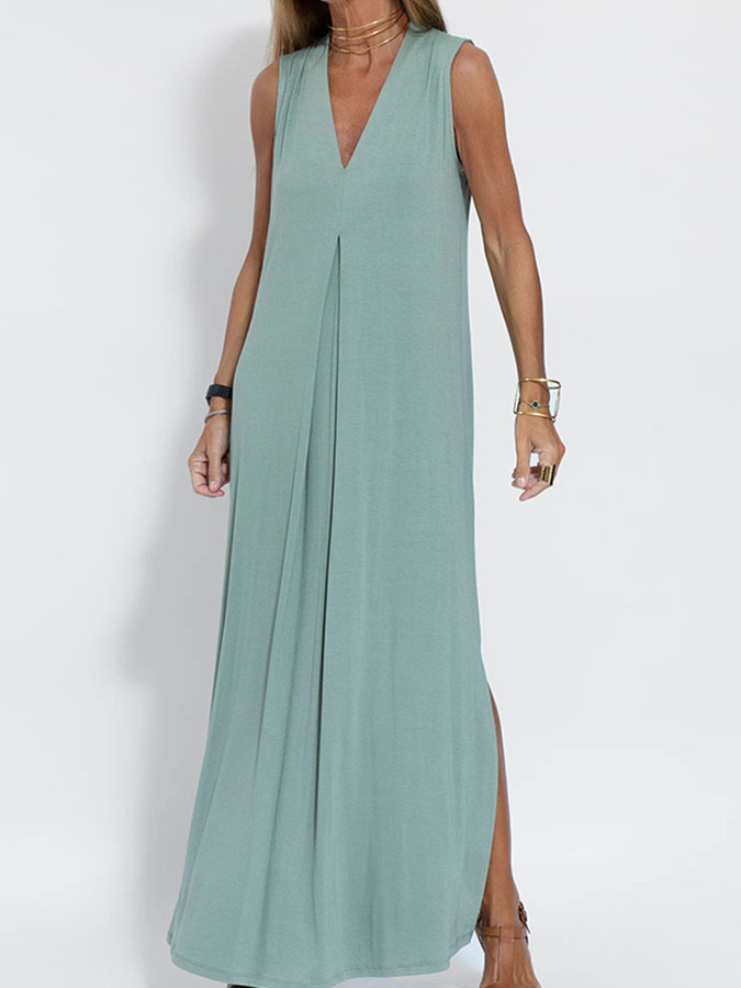 Solid V-neck Casual Sleeveless Maxi Dres