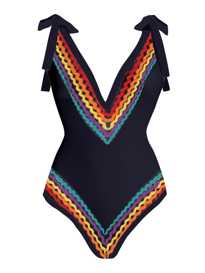 Vintage Colorblock Ethnic Striped Print One-Piece Swimsuit And Cover U