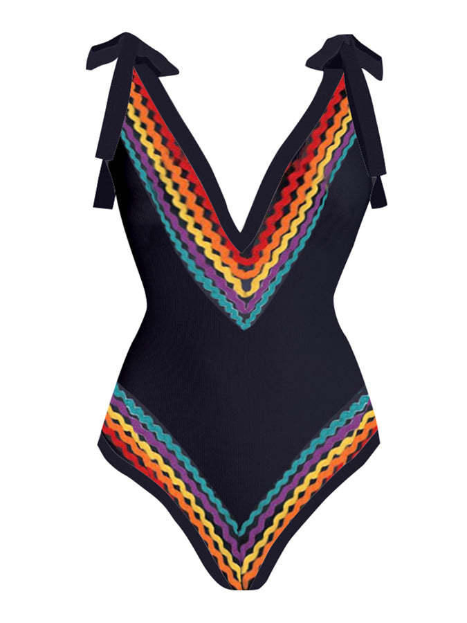 Vintage Colorblock Ethnic Striped Print One-Piece Swimsuit Set