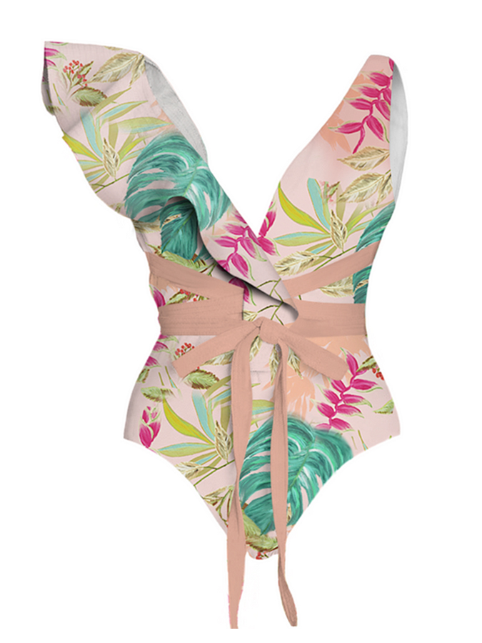 Botanical Print One Piece Swimsuits and Skirt