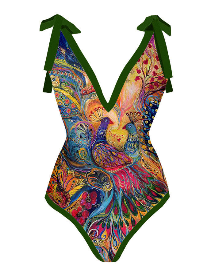 Deep V Vintage Abstract Print One-Piece Swimsuit Set