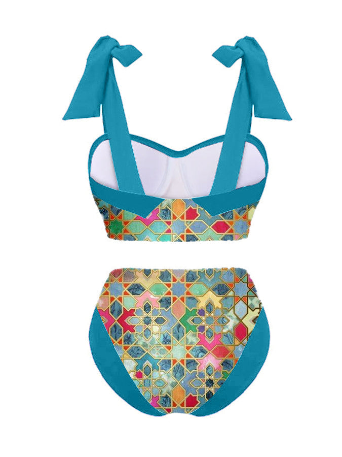 Vintage Colorblock Ethnic Print Swimsuit Set