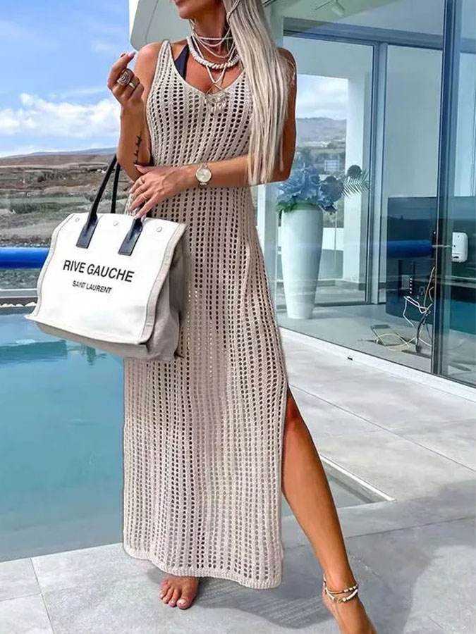 Deserted Island Crochet Knit Cross Back Cover Up Maxi Dress