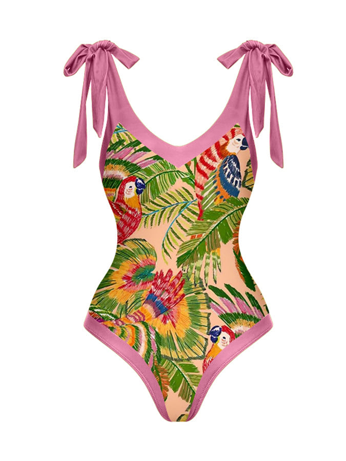 Vintage V-Neck Colorblock Animal And Plant Print One Piece Swimsuit Se