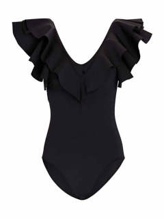 V-Neck Ruffled Solid Color One-Piece Swimsuit