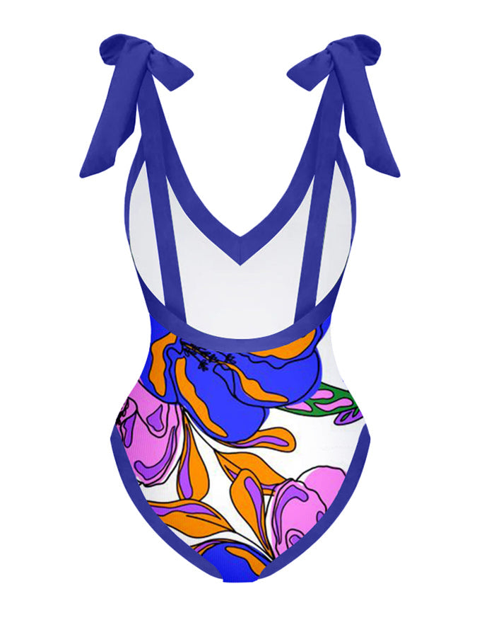 Printed Lace Up Chic One Piece Swimsuit & Coverup