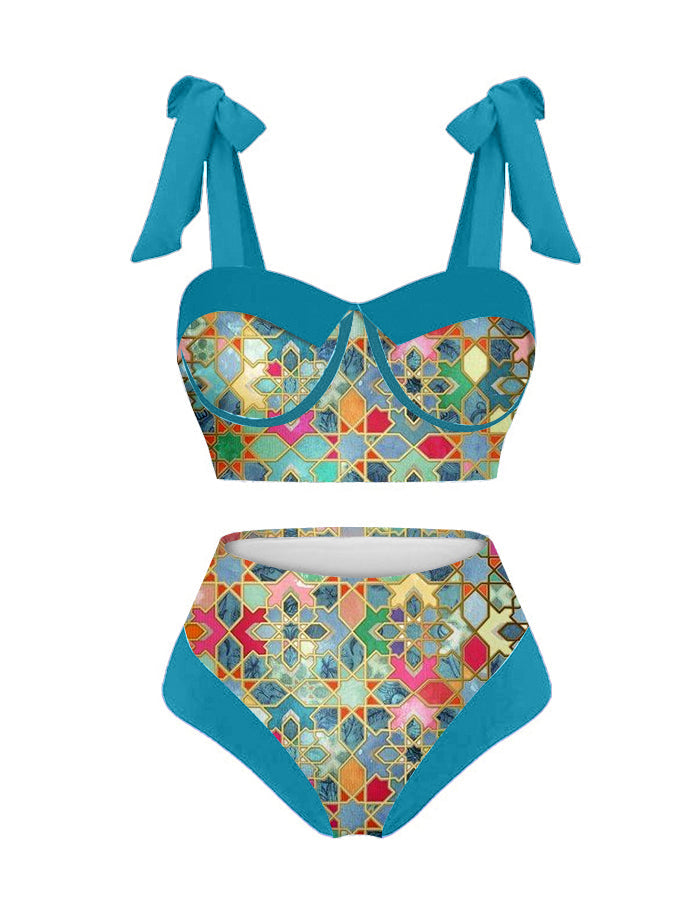 Vintage Colorblock Ethnic Print Swimsuit Set