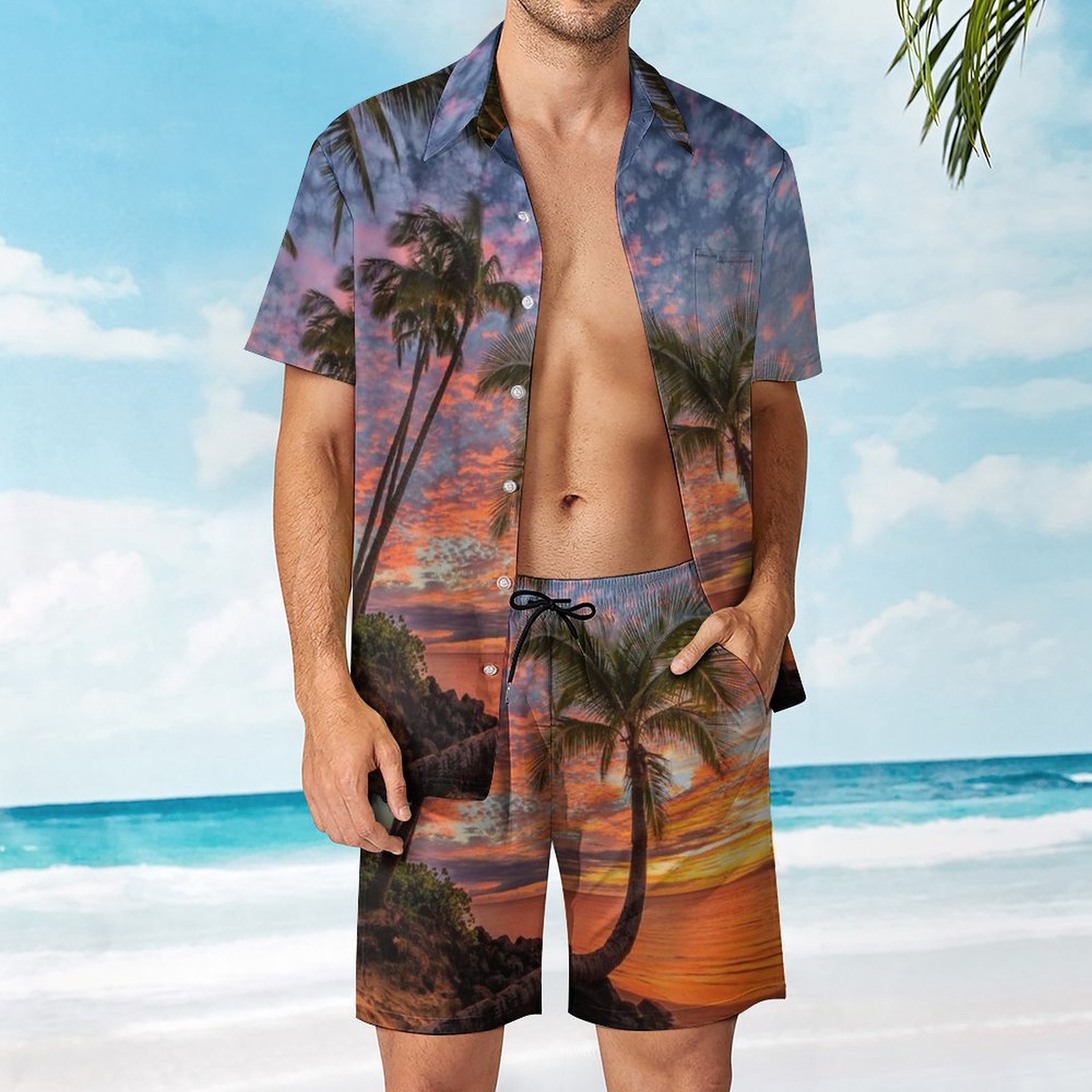 Men's Hawaiian Print Beach Two-Piece Suit 2304104055