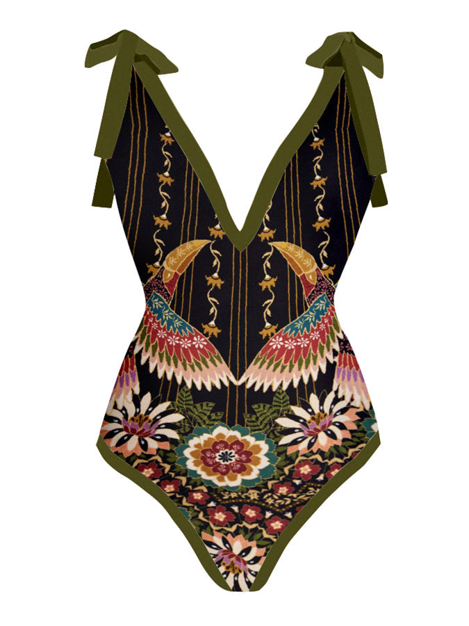 Vintage Abstract Colorblock Print One-Piece Swimsuit