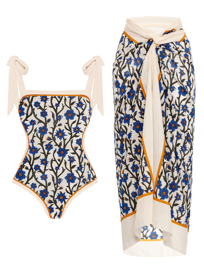 Vintage Floral Colorblock Print Swimsuit and Cover-up