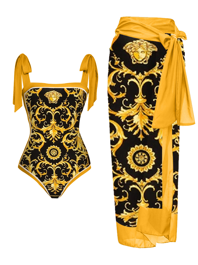 Fashion Print Lace Up One Piece Swimsuit