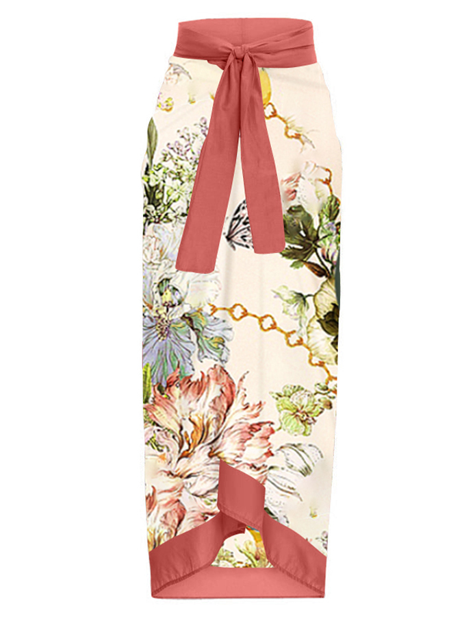 One Shoulder Floral Print One Piece Swimsuit and Skirt