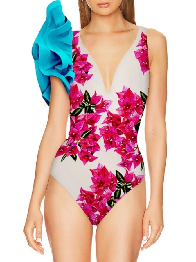 Bougainvillea print one-piece swimsuit