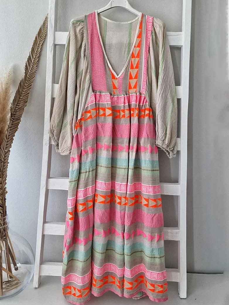 Puff Long Sleeves V Neck Colorful Maxi Dress