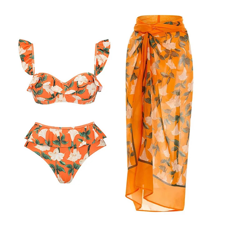 Bikini Ruffle Print Swimsuit and Sarong
