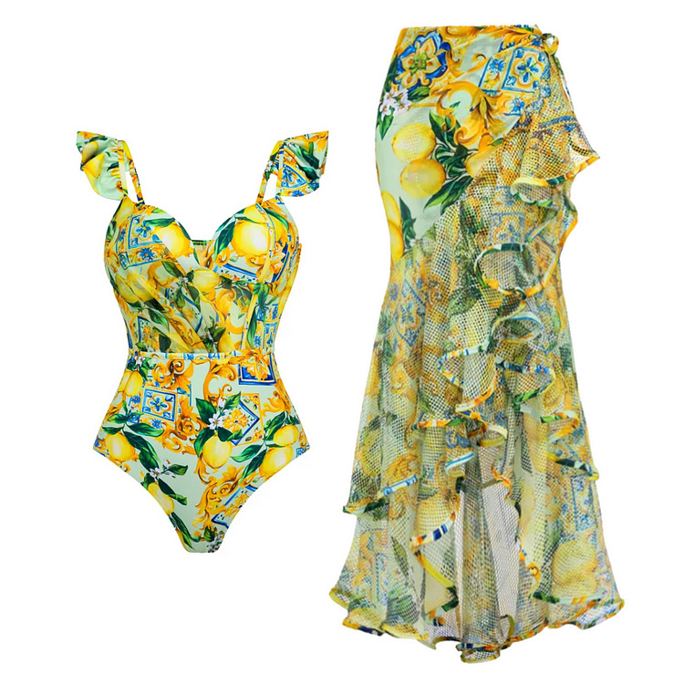 Ruffled Mesh-Paneled Lemon Print Swimsuit Set