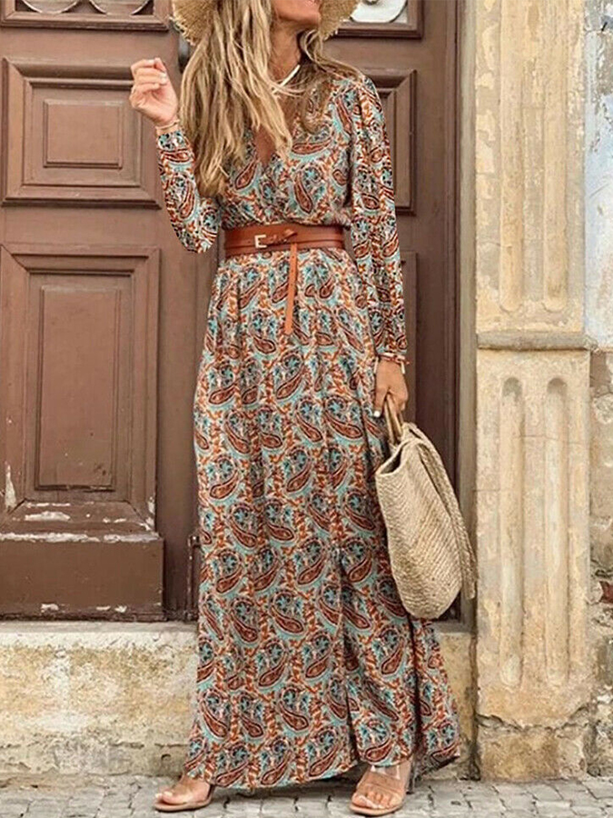Long Sleeves Printed V Neck Maxi Dress with Belt