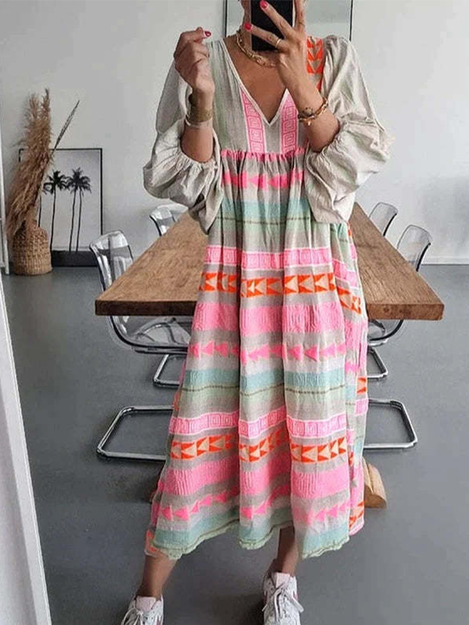 Puff Long Sleeves V Neck Colorful Maxi Dress