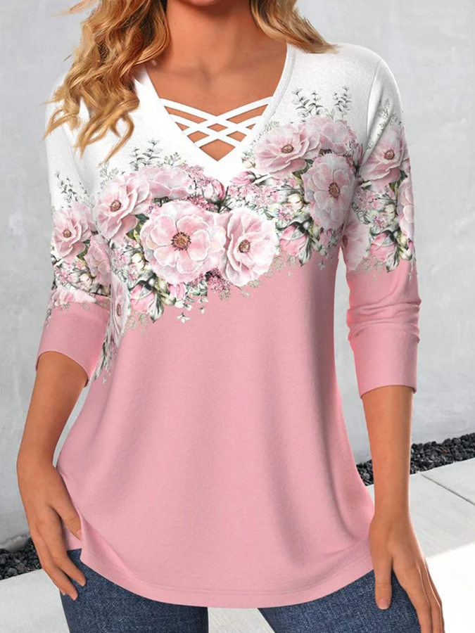 Long Sleeves Floral Printed V Neck Casual T-shirt