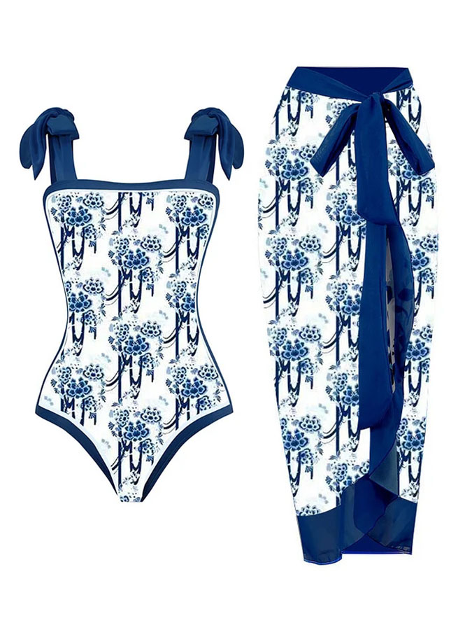 Tie-shoulder Printed One Piece Swimsuit and Sarong