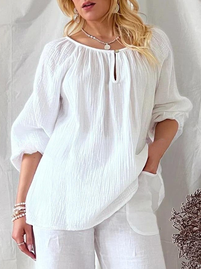 Long Sleeves Solid Round Neck Cotton-linen Blouses