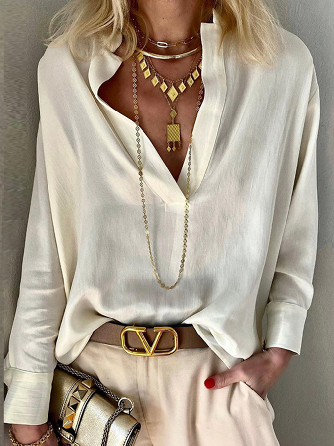 Stand Collar Solid Long Sleeves Casual Blouses