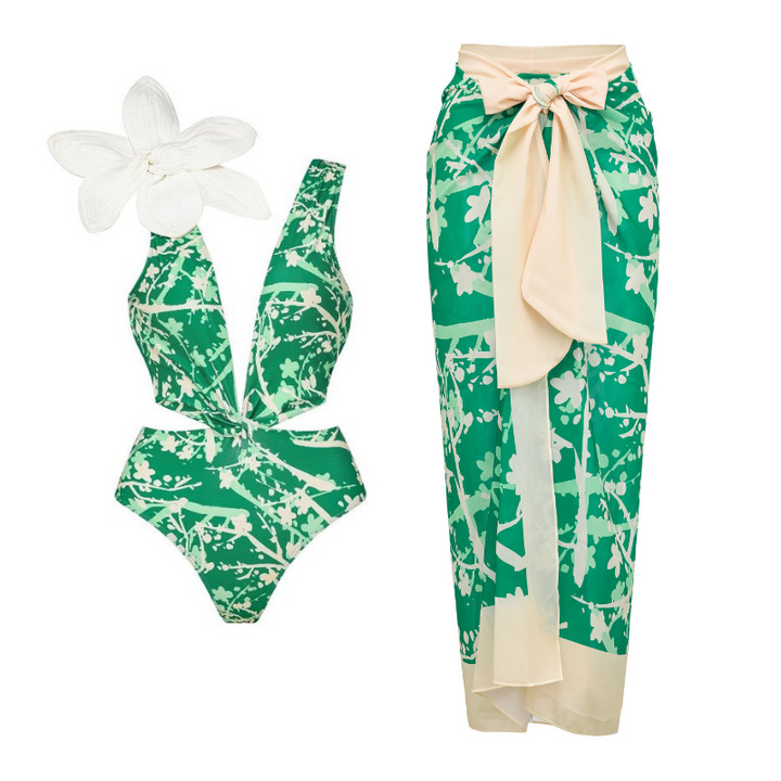 Deep V 3d Floral Print One-Piece Swimsuit and Sarong