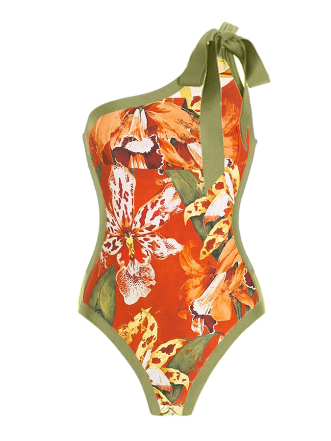 Vintage Colorblock Floral Print One-Piece Swimsuit and Skirt