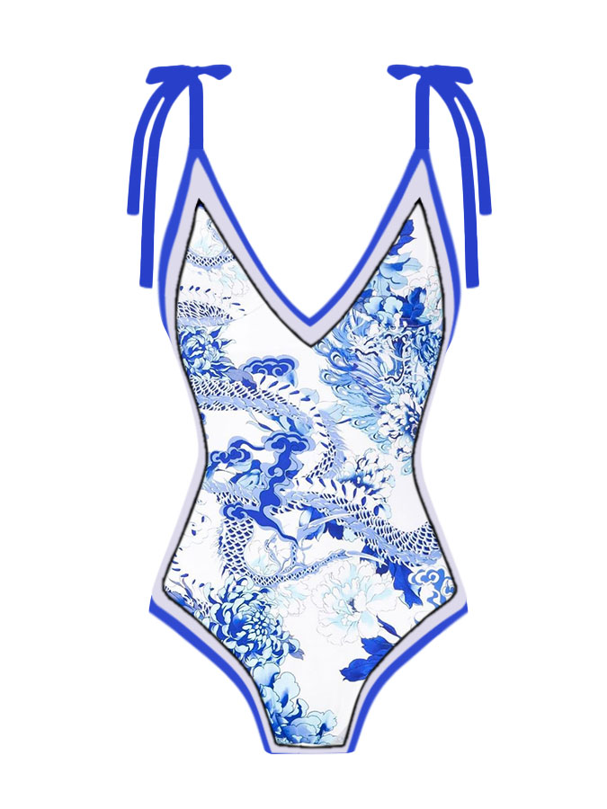 V-Neck Print Lace Up One Piece Swimsuit