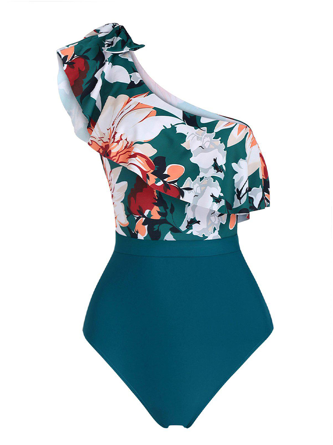 One Shoulder Floral Print One Piece Swimsuit and Skirt